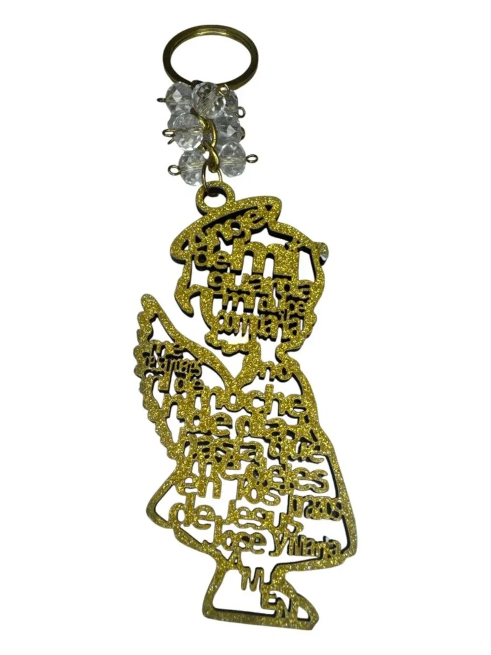 Gold Glitter Angel Keychain With Clear Beads & Intricate Prayer Design